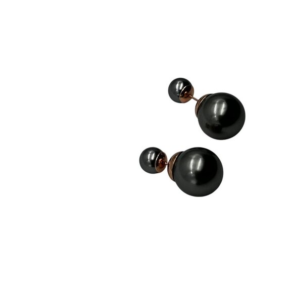 Double-Sided Rose Gold & Grey Bead Stud Earrings Modern Minimalist Jewelry - Picture 5 of 5